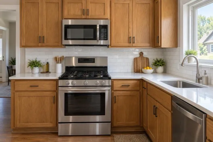 A bright, clean kitchen with wood cabinets and a white tile backsplash