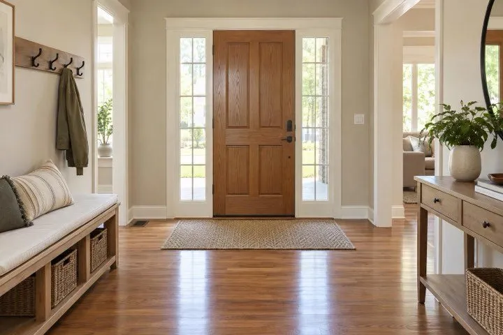 A clean, empty entryway with a wood front door and a bench by the window